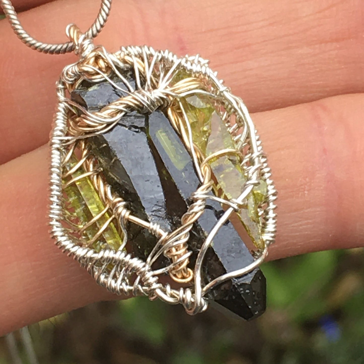 Triple Silesia Zincite Wire Wrap Pendant Gold and 925 Silver Wire with Sterling Chain