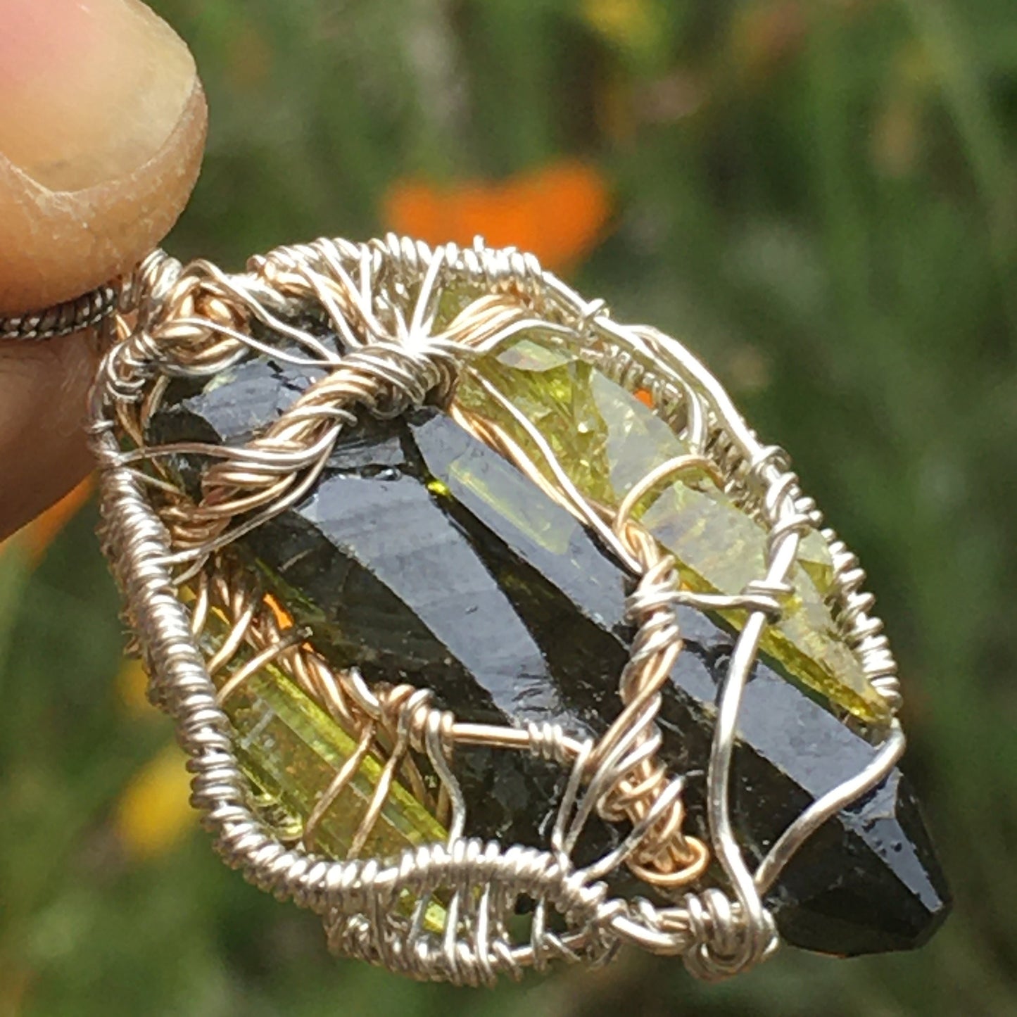 Triple Silesia Zincite Wire Wrap Pendant Gold and 925 Silver Wire with Sterling Chain