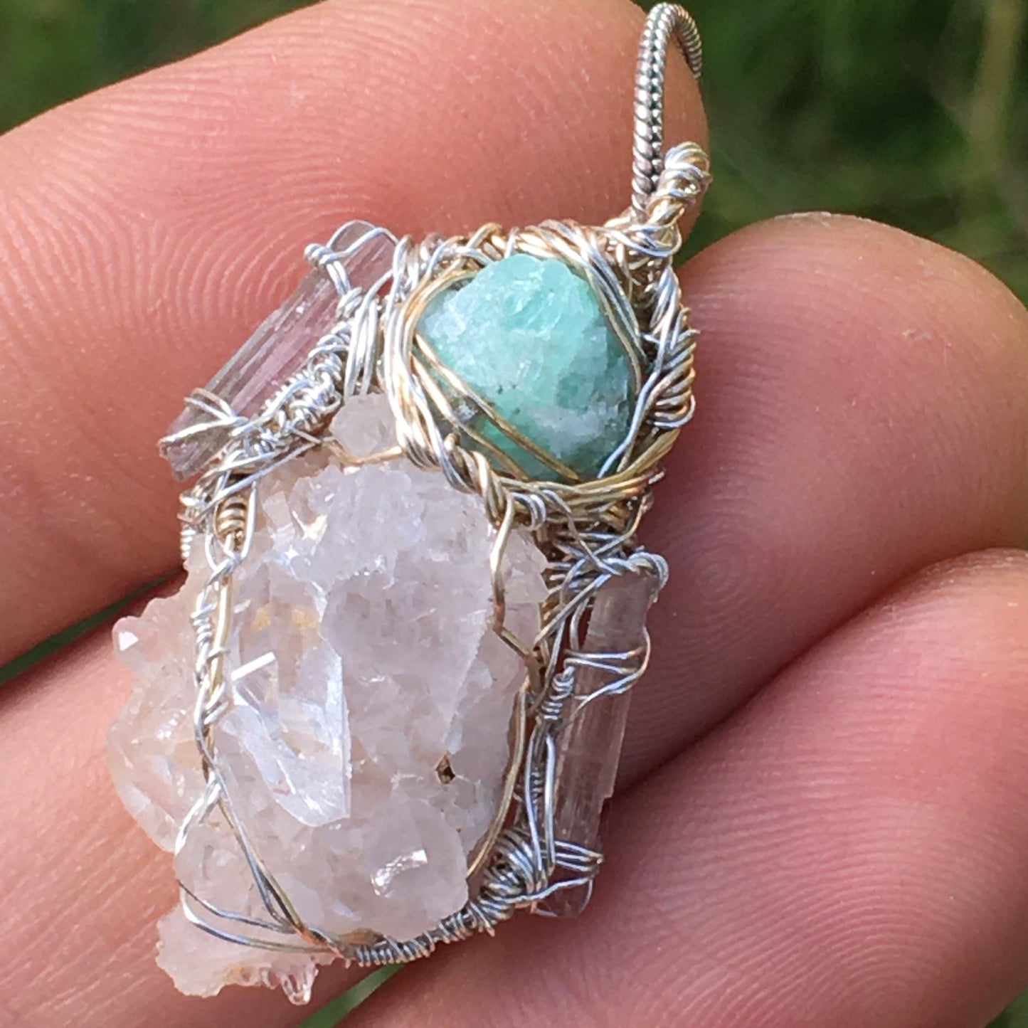 Quartz Emerald and Watermelon Tourmaline Wire-Wrap pendant in Silver and Gold