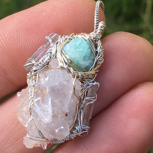 Quartz Emerald and Watermelon Tourmaline Wire-Wrap pendant in Silver and Gold
