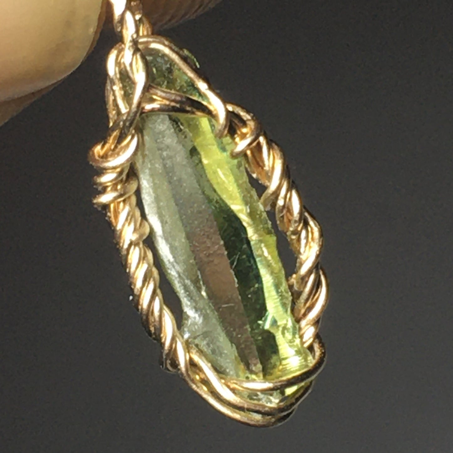 Green Zincite and Gold Fill Wire-Wrap Pendant on Sterling Silver Chain