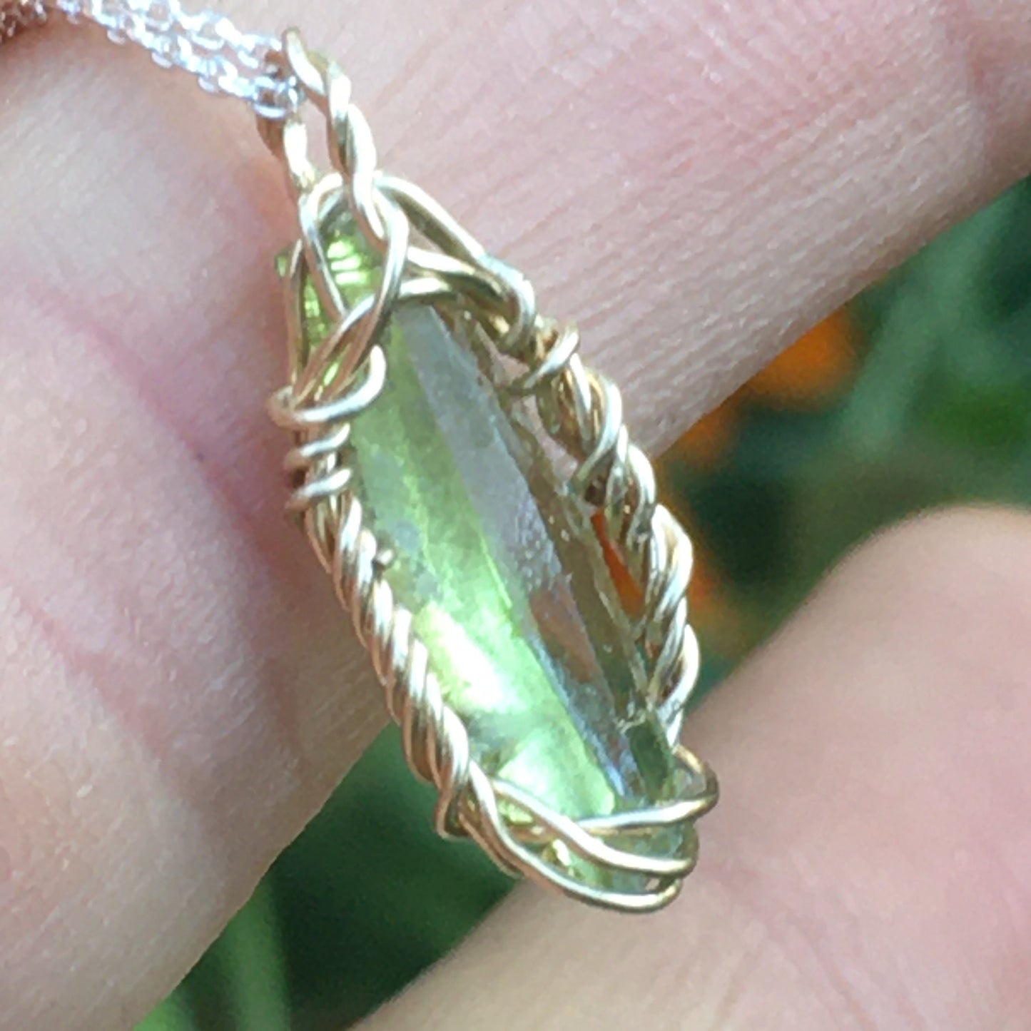 Green Zincite and Gold Fill Wire-Wrap Pendant on Sterling Silver Chain