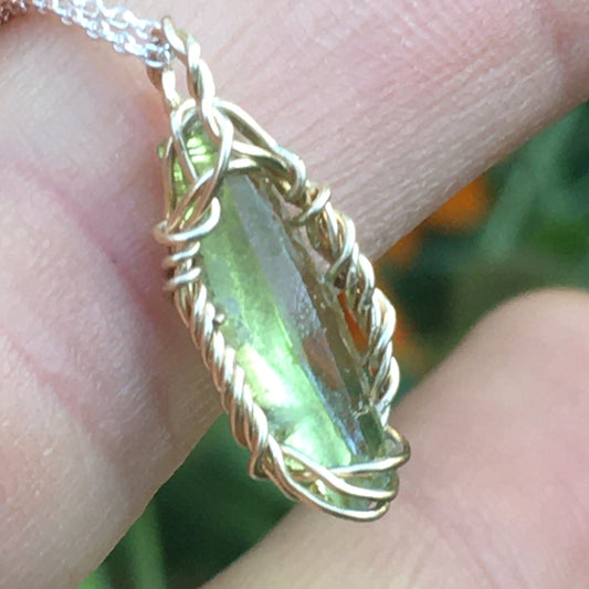 Green Zincite and Gold Fill Wire-Wrap Pendant on Sterling Silver Chain