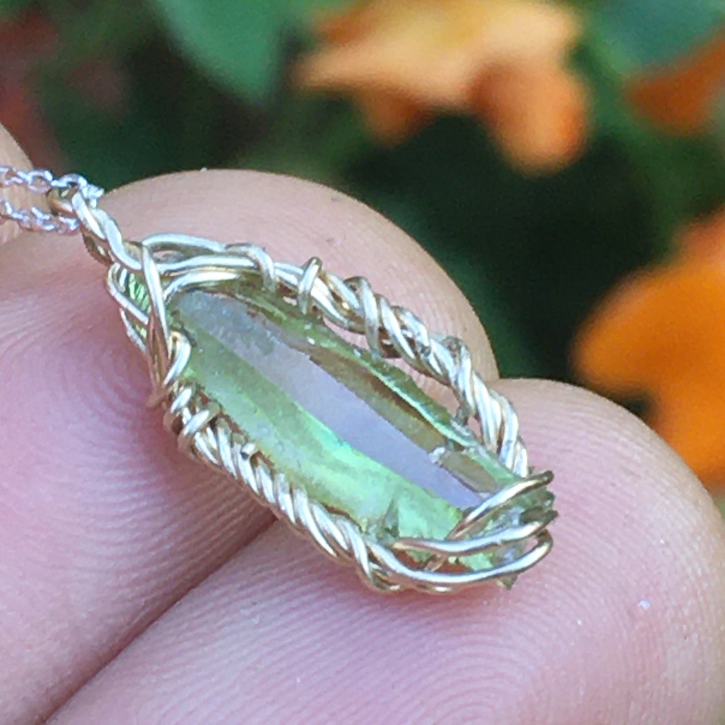 Green Zincite and Gold Fill Wire-Wrap Pendant on Sterling Silver Chain
