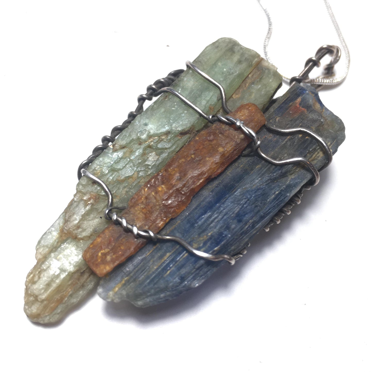 Triple Kyanite and Silver Pendant Orange - Green - Blue Natural Crystals