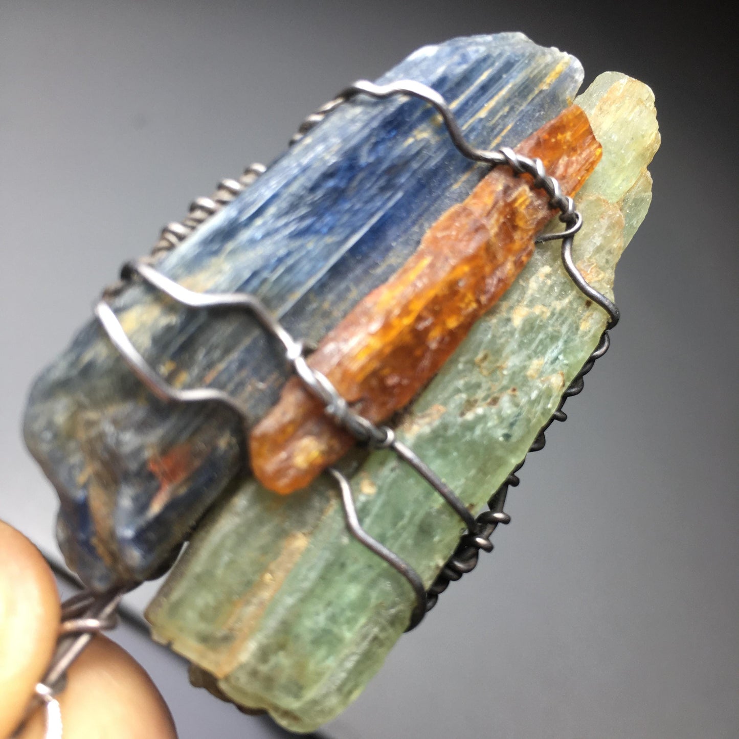Triple Kyanite and Silver Pendant Orange - Green - Blue Natural Crystals