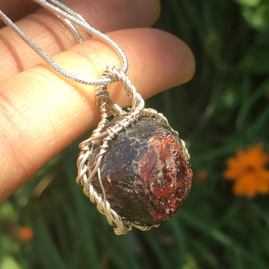 Natural Garnet and Silver Pendant