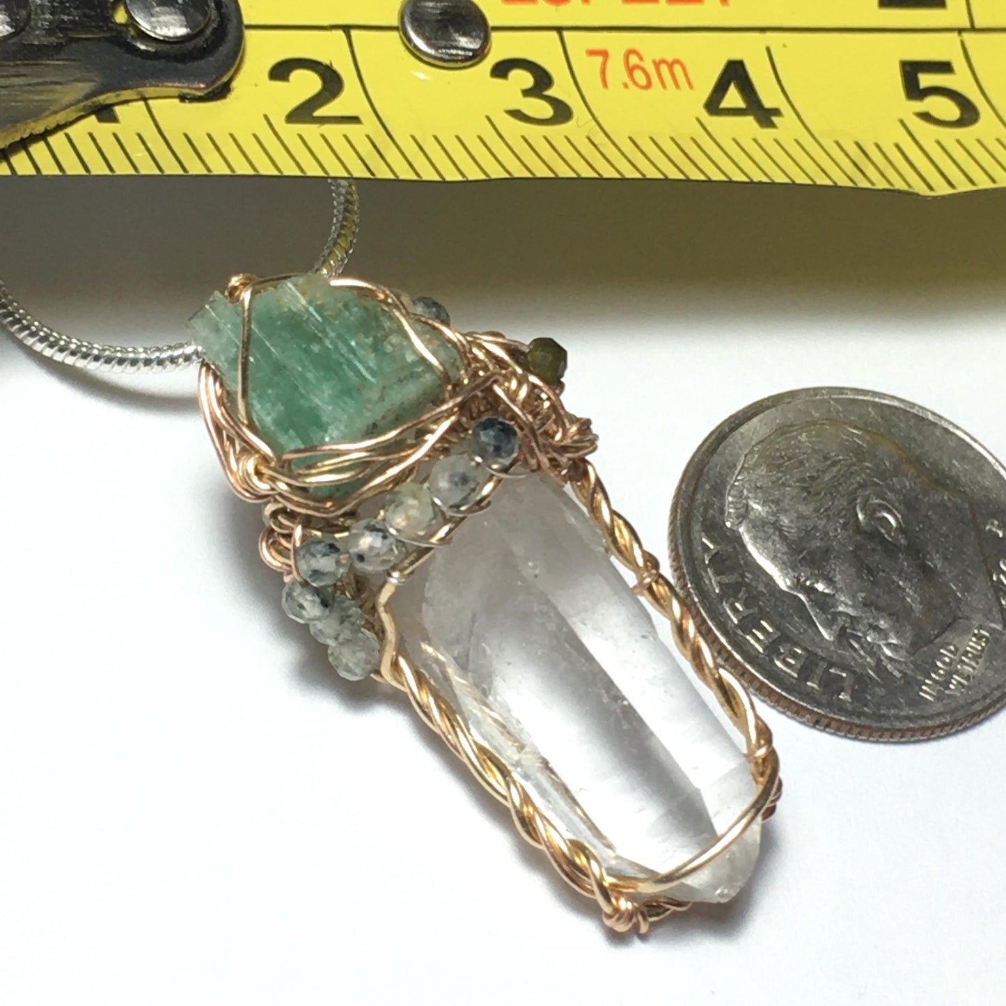 Quartz Emerald and Prehnite Wire-Wrap pendant in Gold