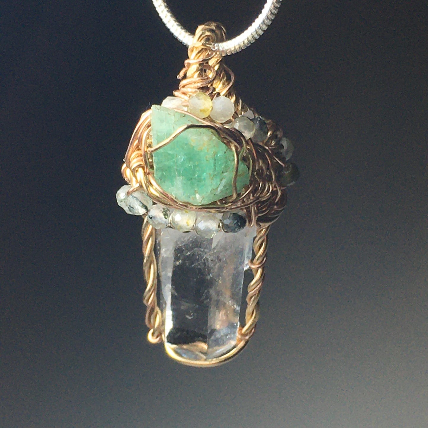 Quartz Emerald and Prehnite Wire-Wrap pendant in Gold
