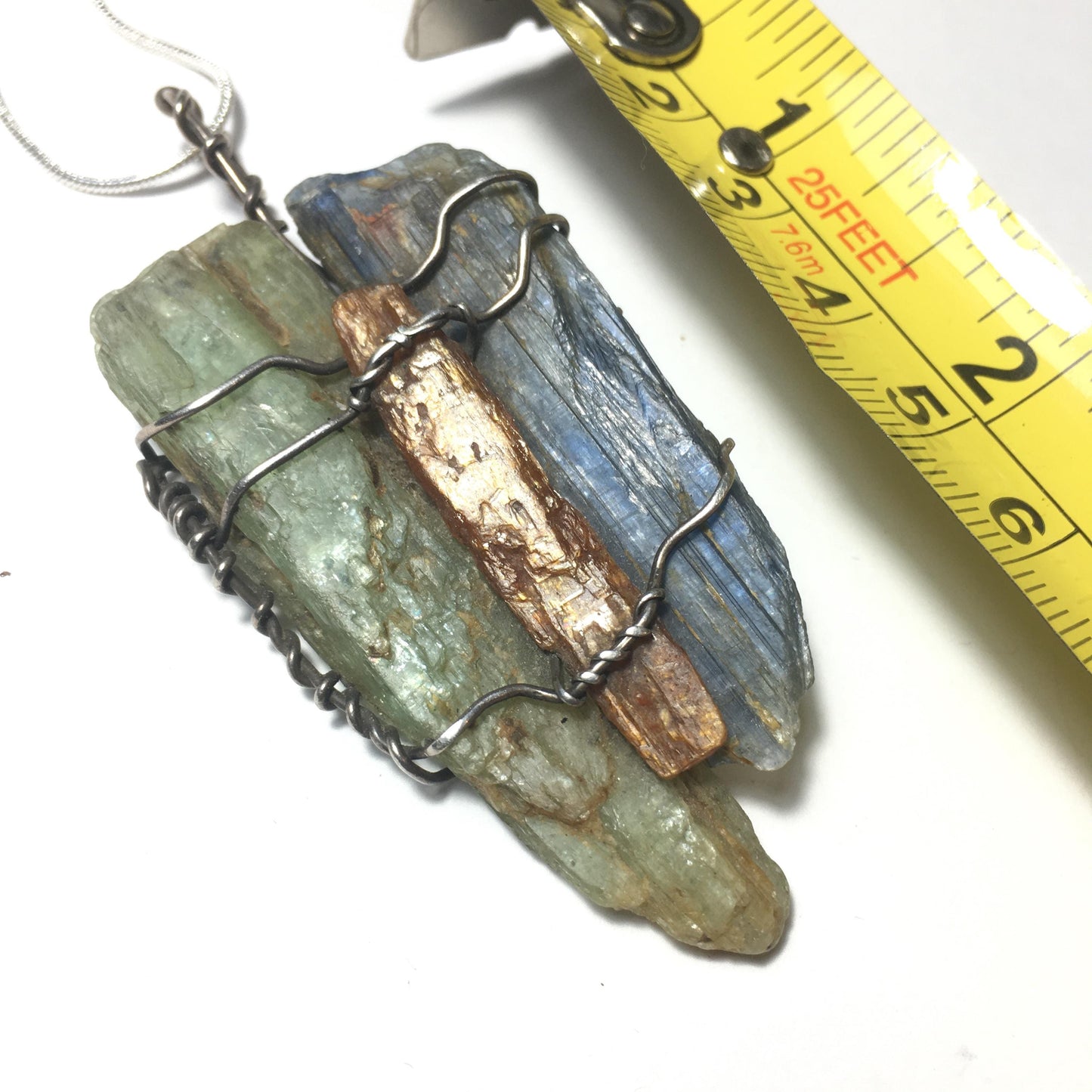Triple Kyanite and Silver Pendant Orange - Green - Blue Natural Crystals