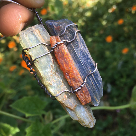 Triple Kyanite and Silver Pendant Orange - Green - Blue Natural Crystals
