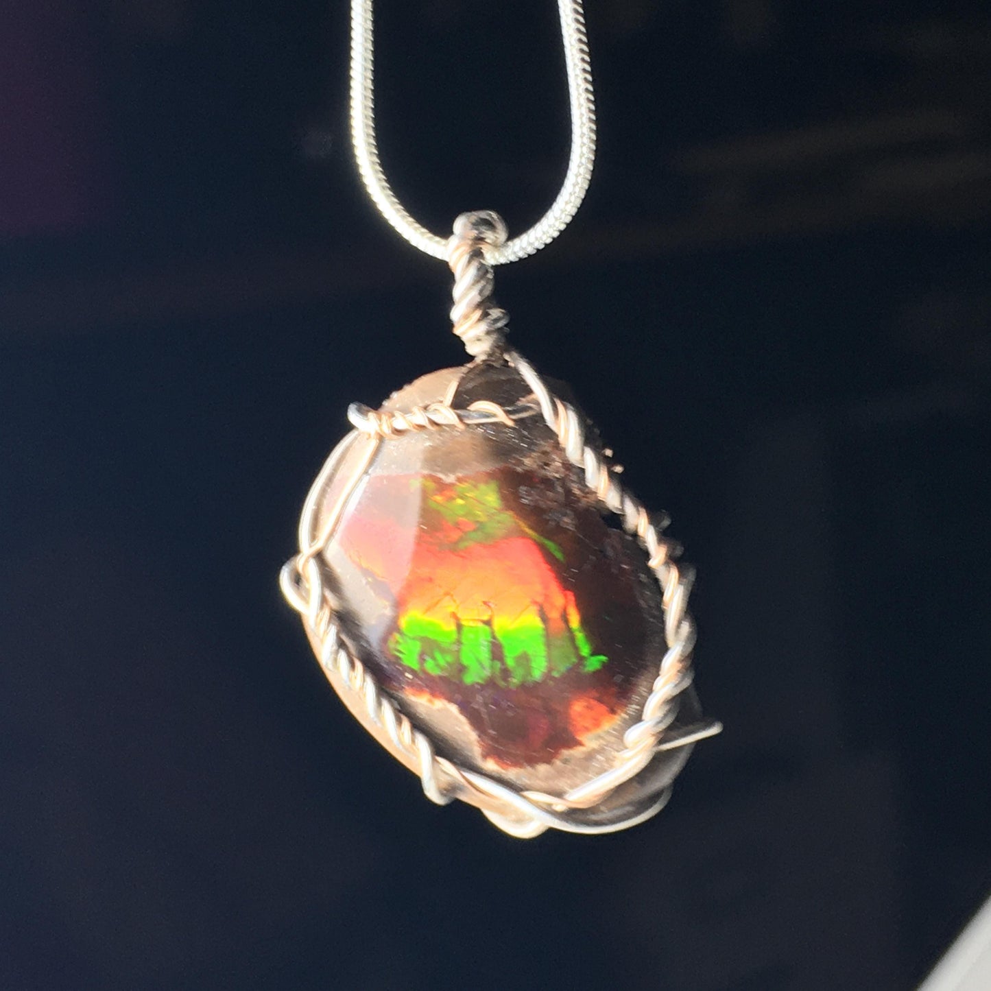 Chocolate Fire Opal Pendant, Silver and Rose Gold Handmade Wire-Wrap Pendant