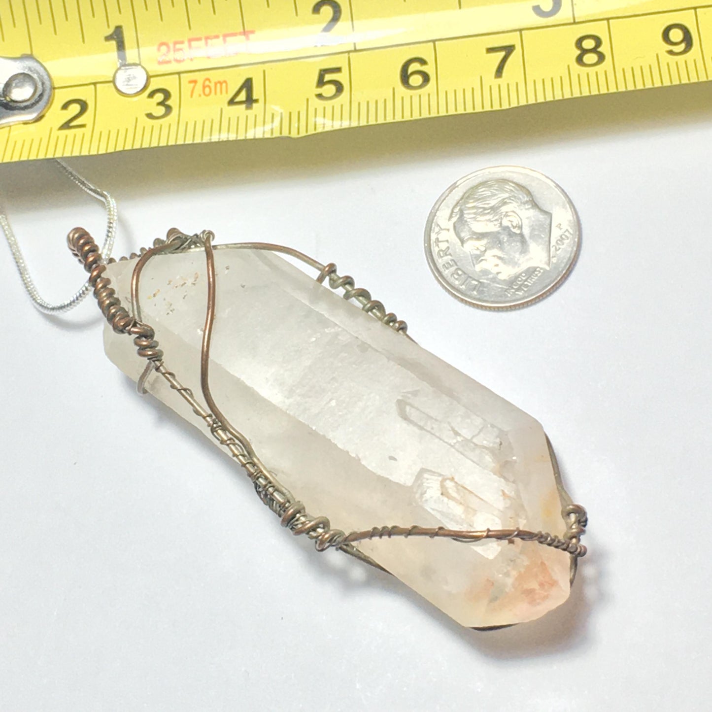 BIG Double-Terminated Lithium Quartz on Aged Silver Plated Copper Wire Handmade Pendant Wire-Wrap