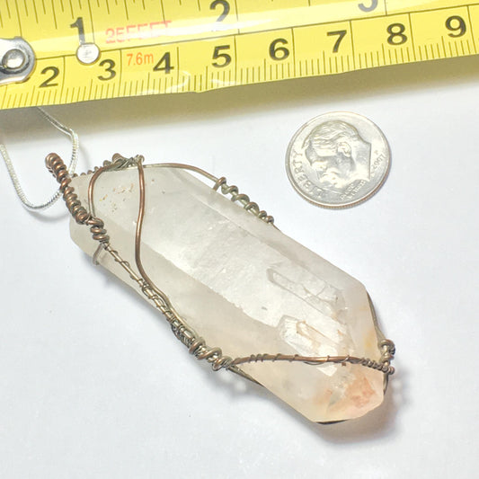 BIG Double-Terminated Lithium Quartz on Aged Silver Plated Copper Wire Handmade Pendant Wire-Wrap