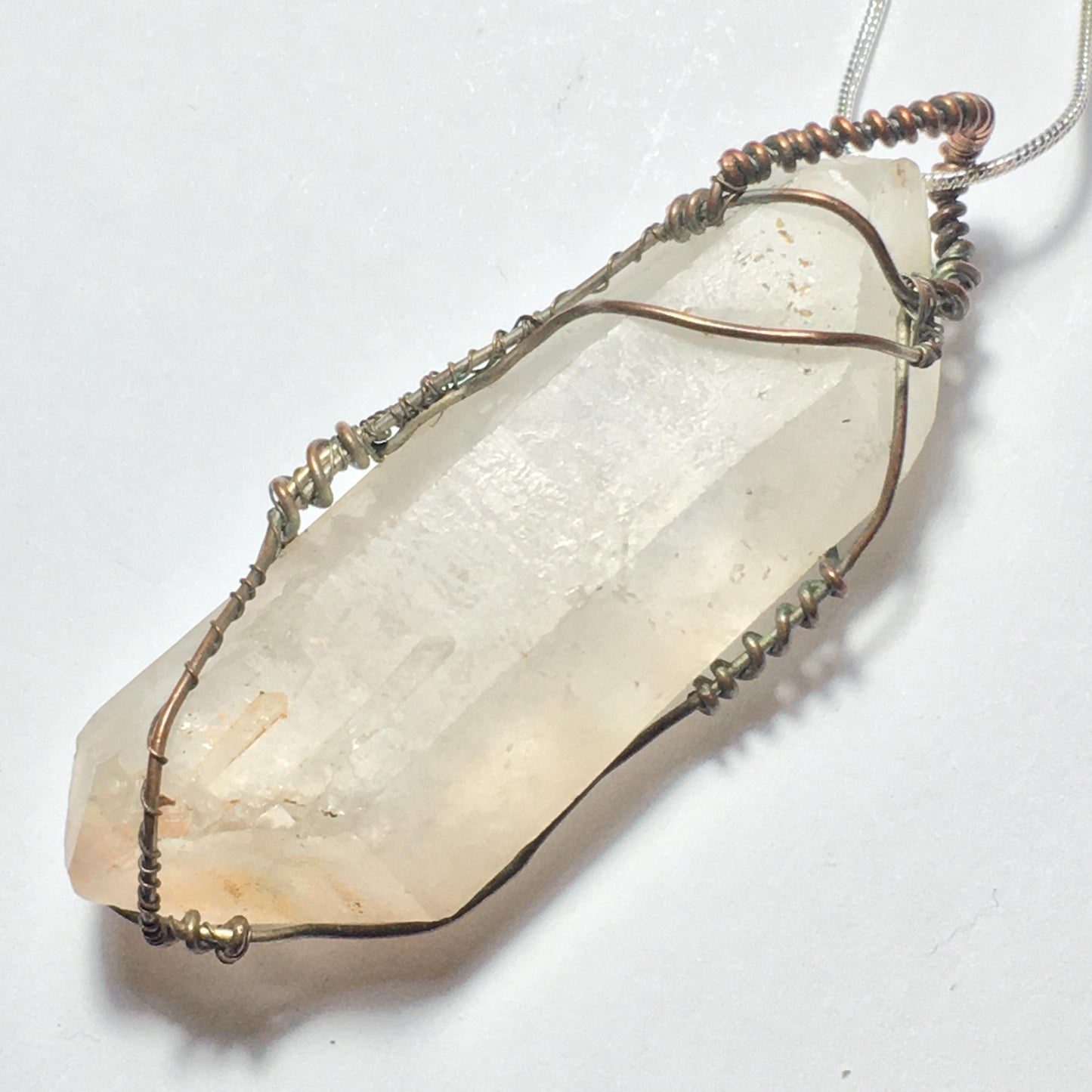 BIG Double-Terminated Lithium Quartz on Aged Silver Plated Copper Wire Handmade Pendant Wire-Wrap
