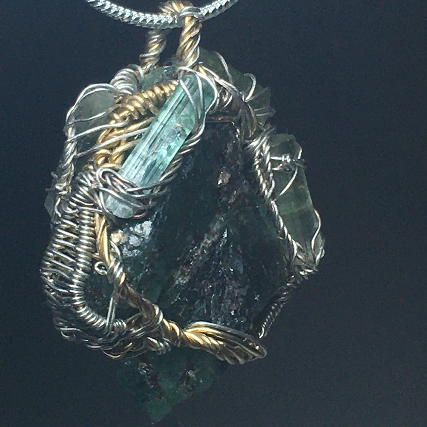 BIG EMERALD and 4 Tourmalines Pendant in Silver and Gold - Raw Untreated Stones