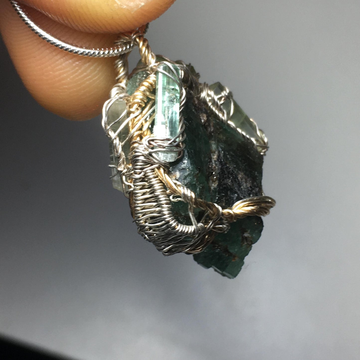 BIG EMERALD and 4 Tourmalines Pendant in Silver and Gold - Raw Untreated Stones