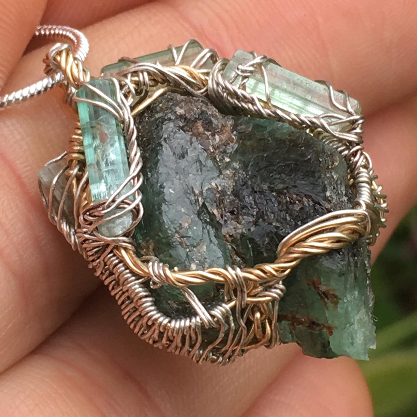 BIG EMERALD and 4 Tourmalines Pendant in Silver and Gold - Raw Untreated Stones