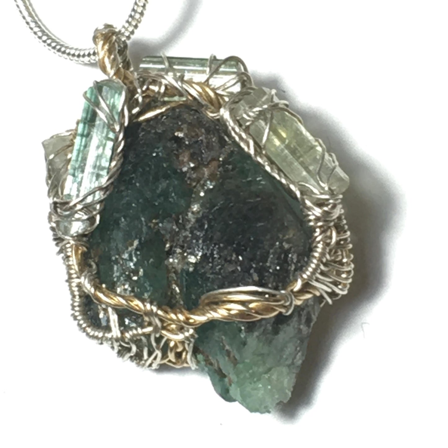 BIG EMERALD and 4 Tourmalines Pendant in Silver and Gold - Raw Untreated Stones