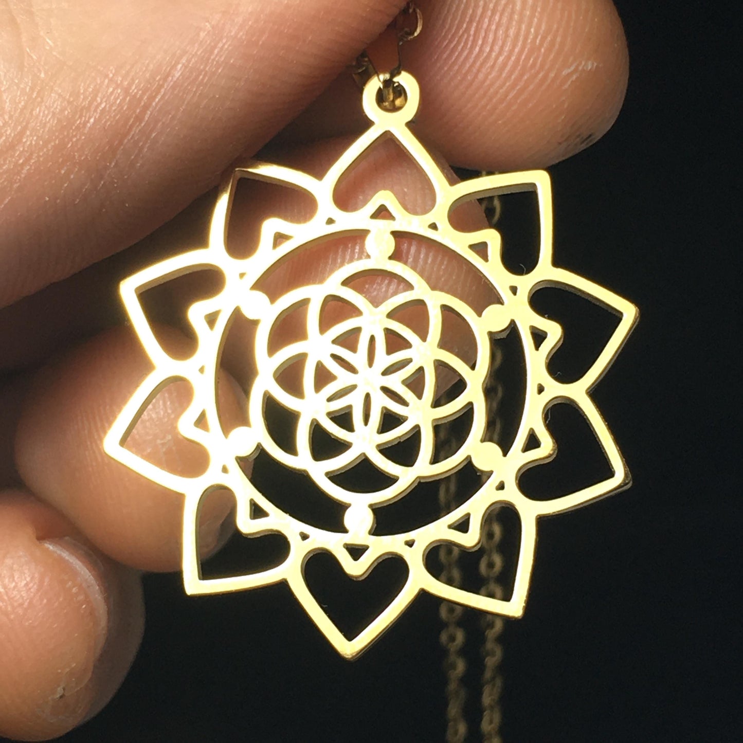 Gold Plated Seed of Life Heart Flower Pendant