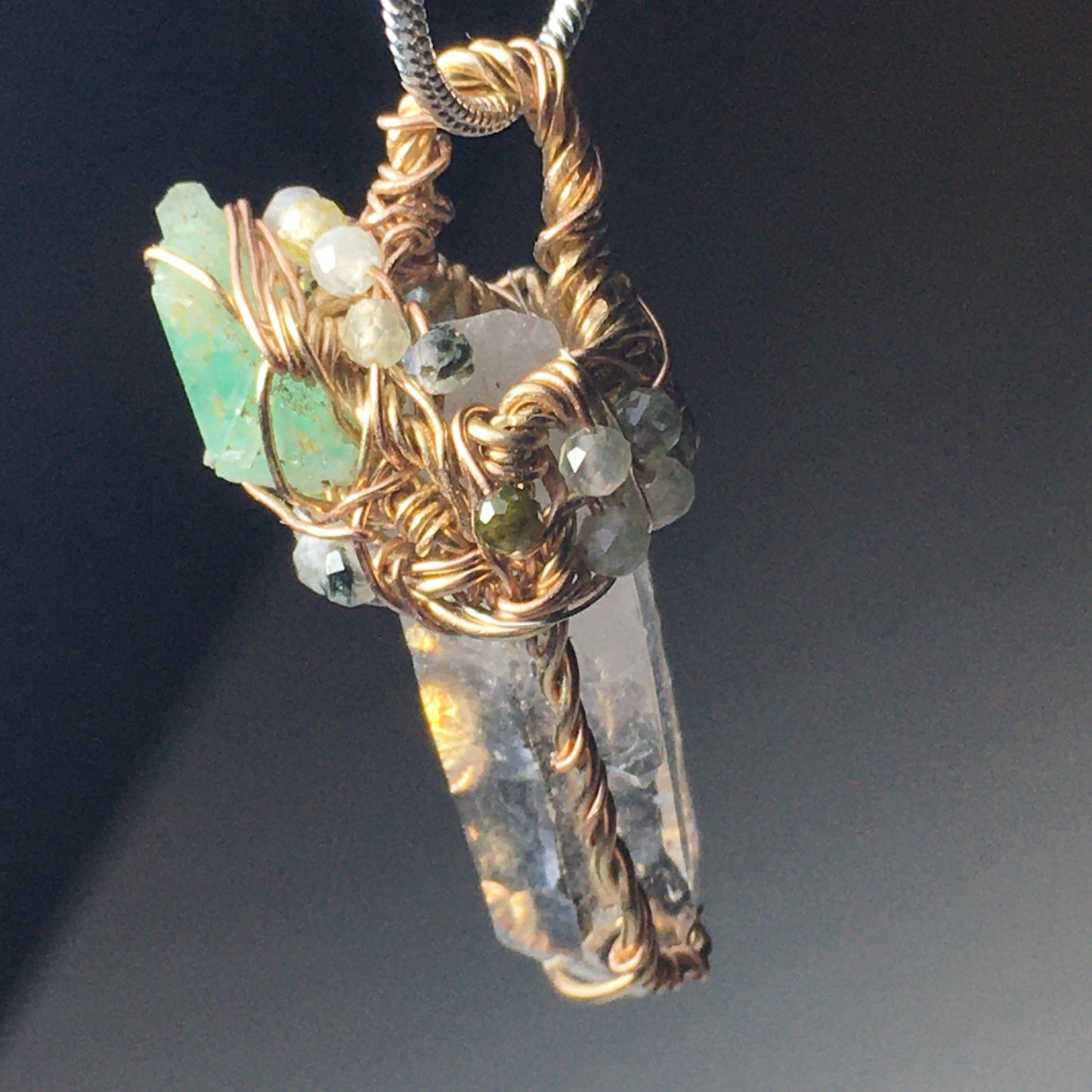 Quartz Emerald and Prehnite Wire-Wrap pendant in Gold