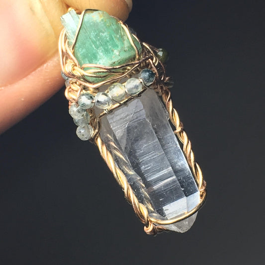 Quartz Emerald and Prehnite Wire-Wrap pendant in Gold