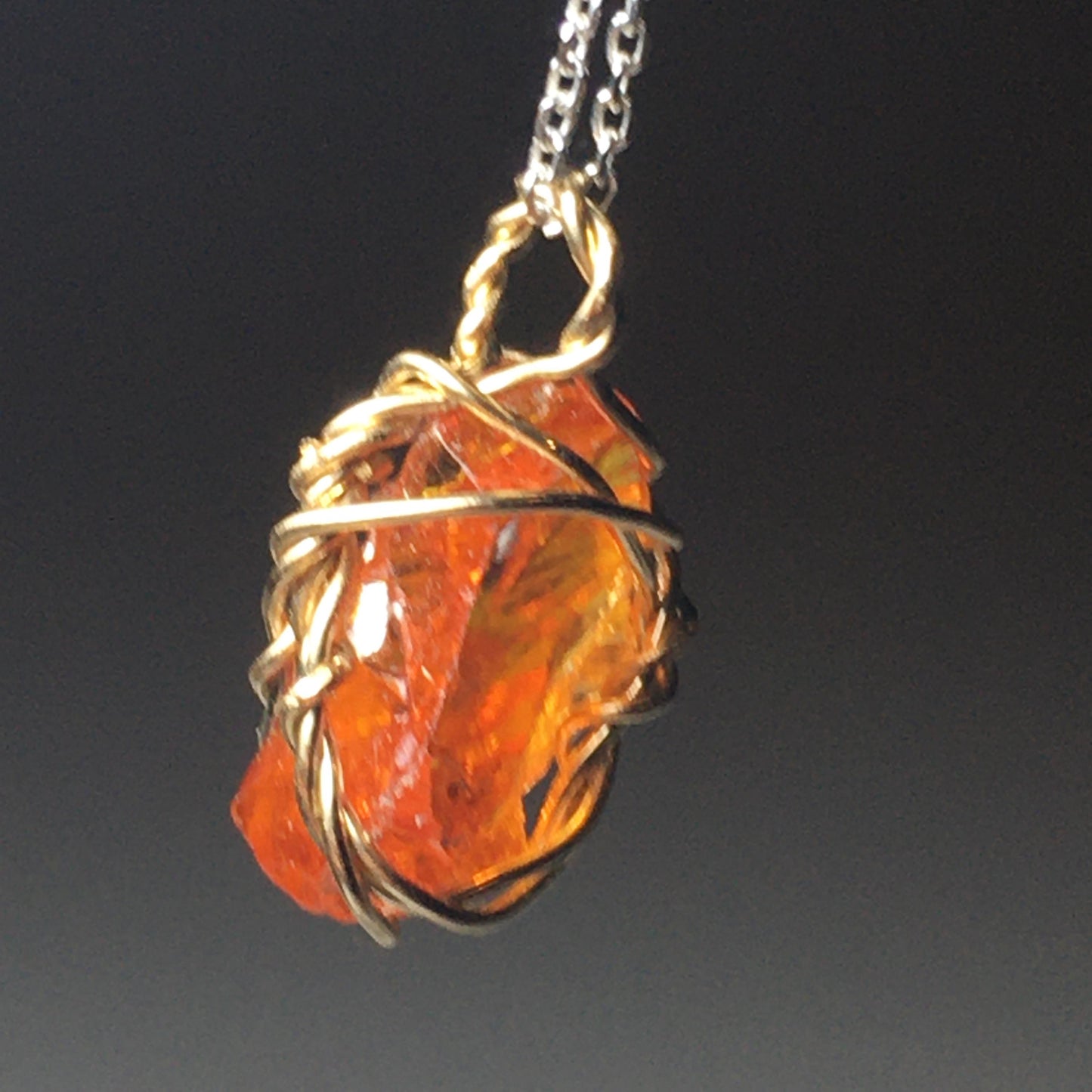 Orange Zincite Crystal and Gold Pendant