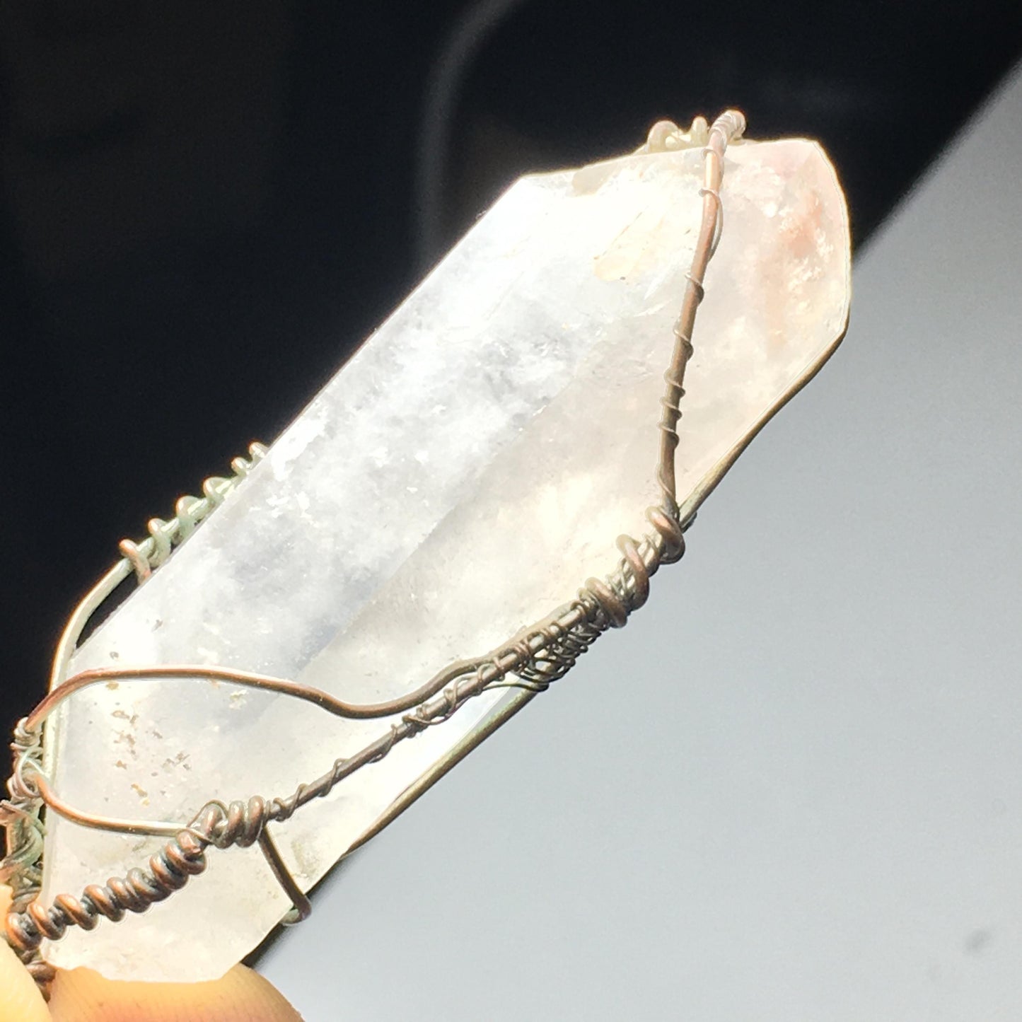 BIG Double-Terminated Lithium Quartz on Aged Silver Plated Copper Wire Handmade Pendant Wire-Wrap