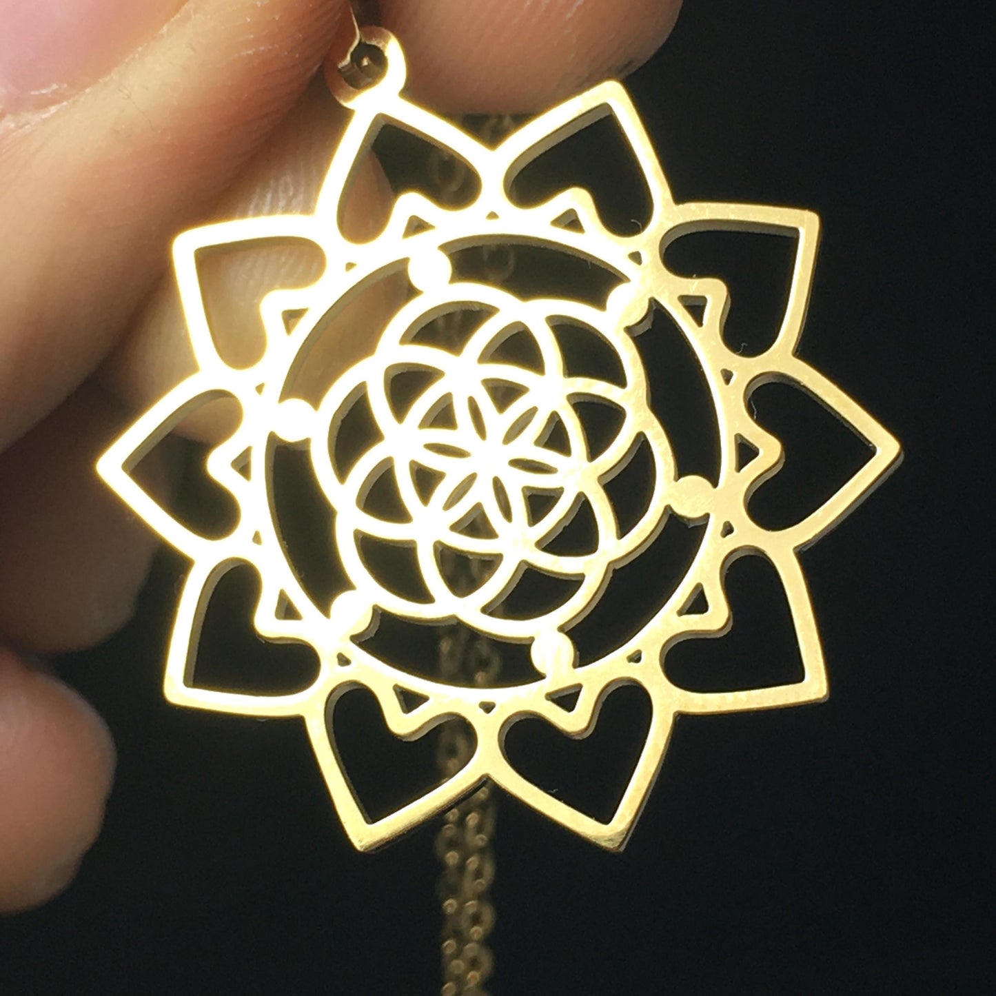 Gold Plated Seed of Life Heart Flower Pendant