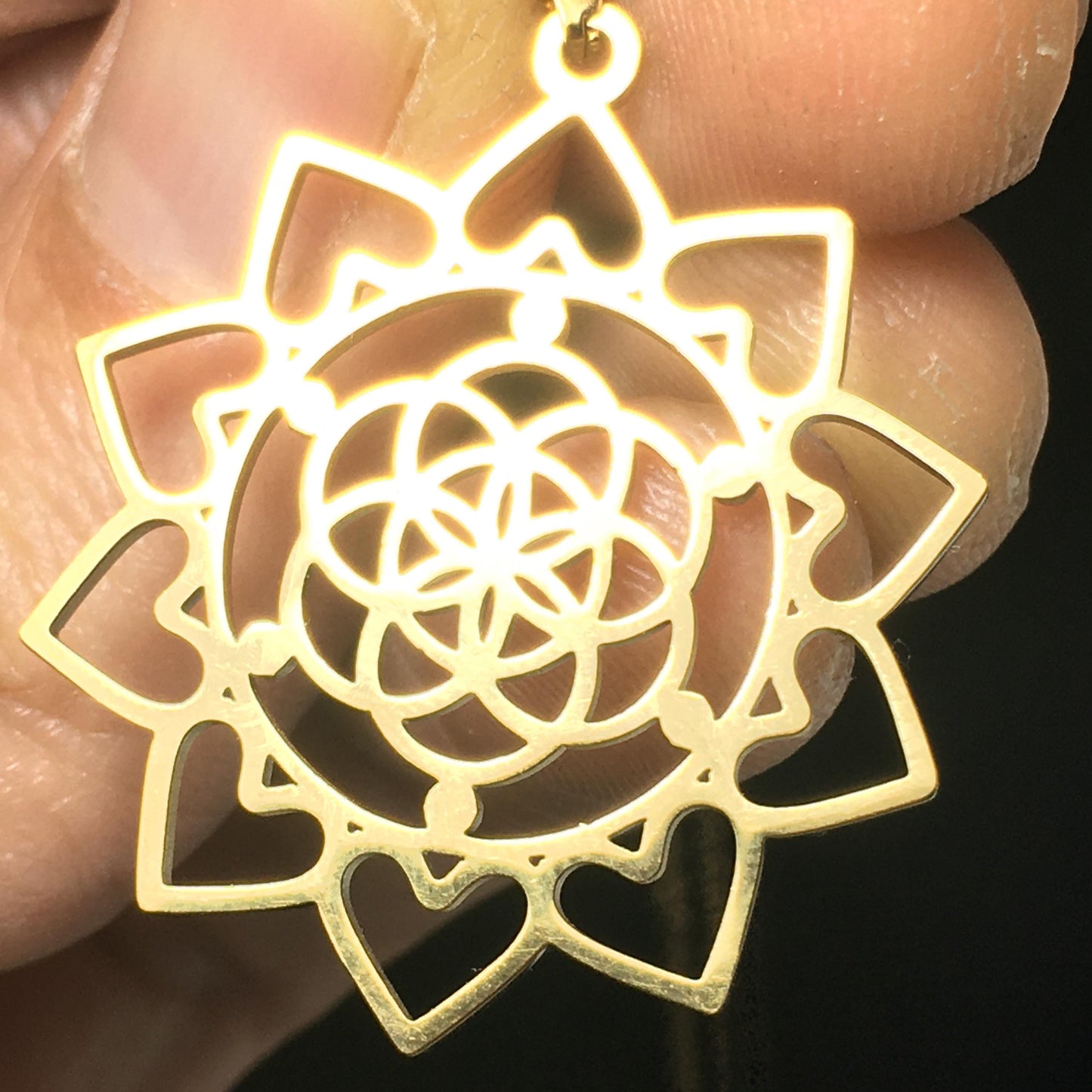 Gold Plated Seed of Life Heart Flower Pendant