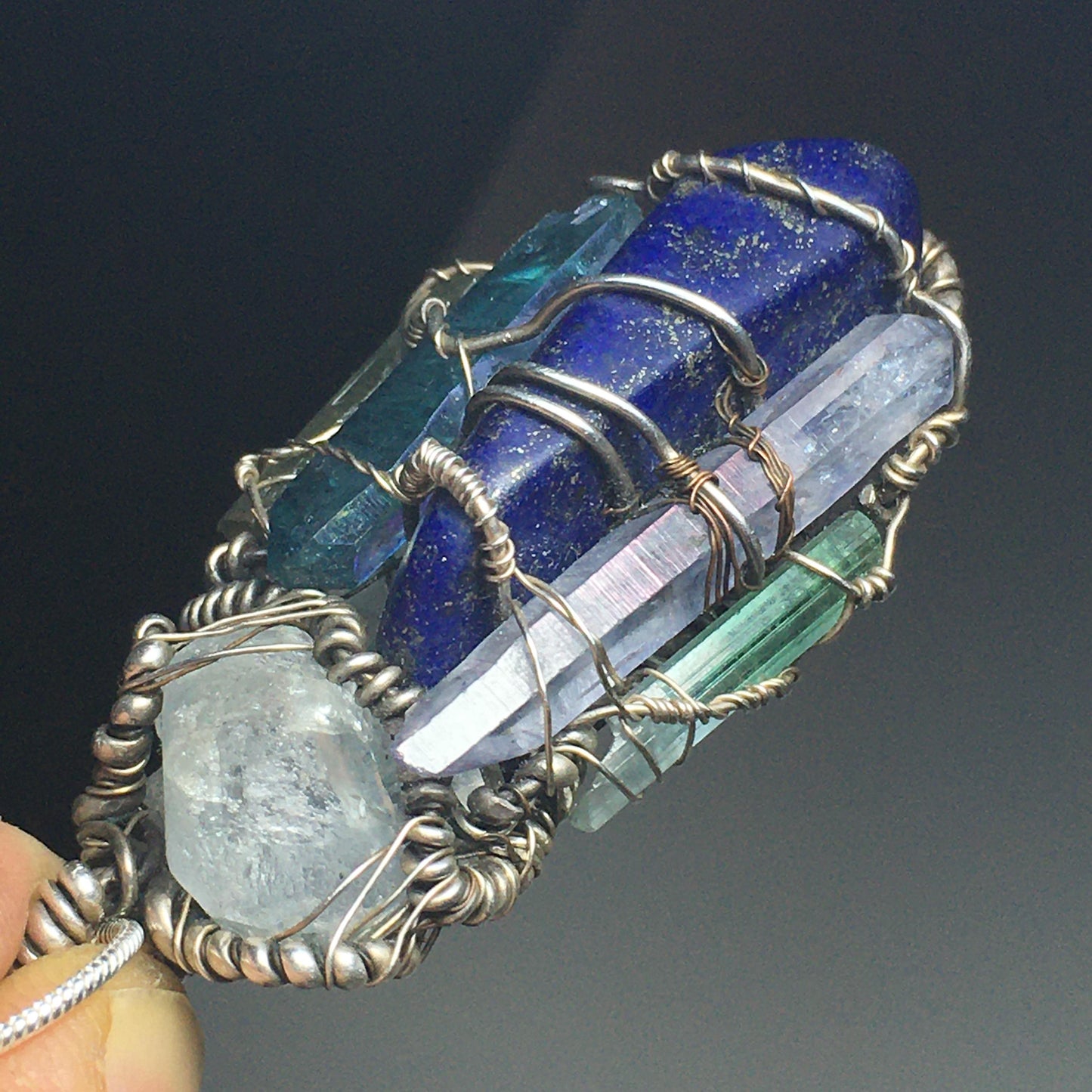 The Astral Traveler- 10-Stone Pendant on Sterling Silver- Lapis, Celestite, Aqua/Angel-Aura, Tourmaline, Herkimer, Kyanite, Lemurian..