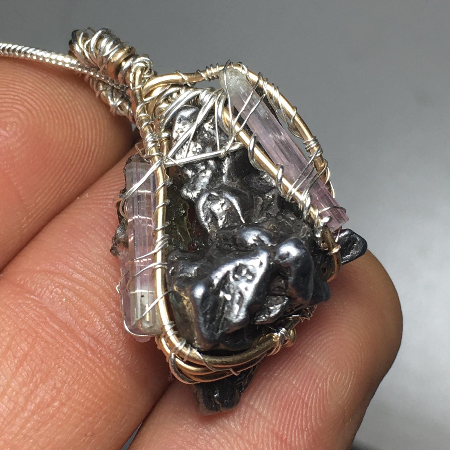 Pendant- "The Cosmic Shaman" - 2 Moldavites - 1 Campo Del Cielo Meteorite and 4 Rubellite Pink Tourmalines-  7-Stone Pendant