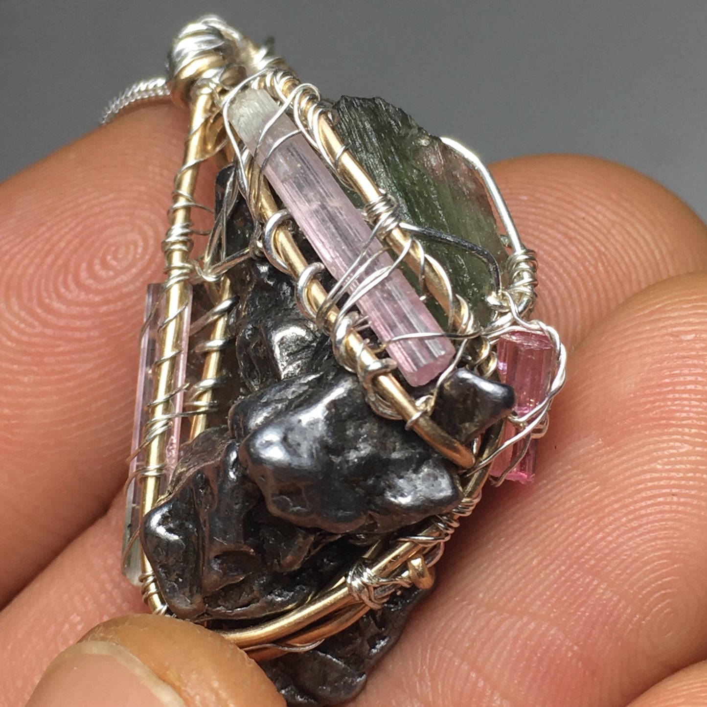Pendant- "The Cosmic Shaman" - 2 Moldavites - 1 Campo Del Cielo Meteorite and 4 Rubellite Pink Tourmalines-  7-Stone Pendant