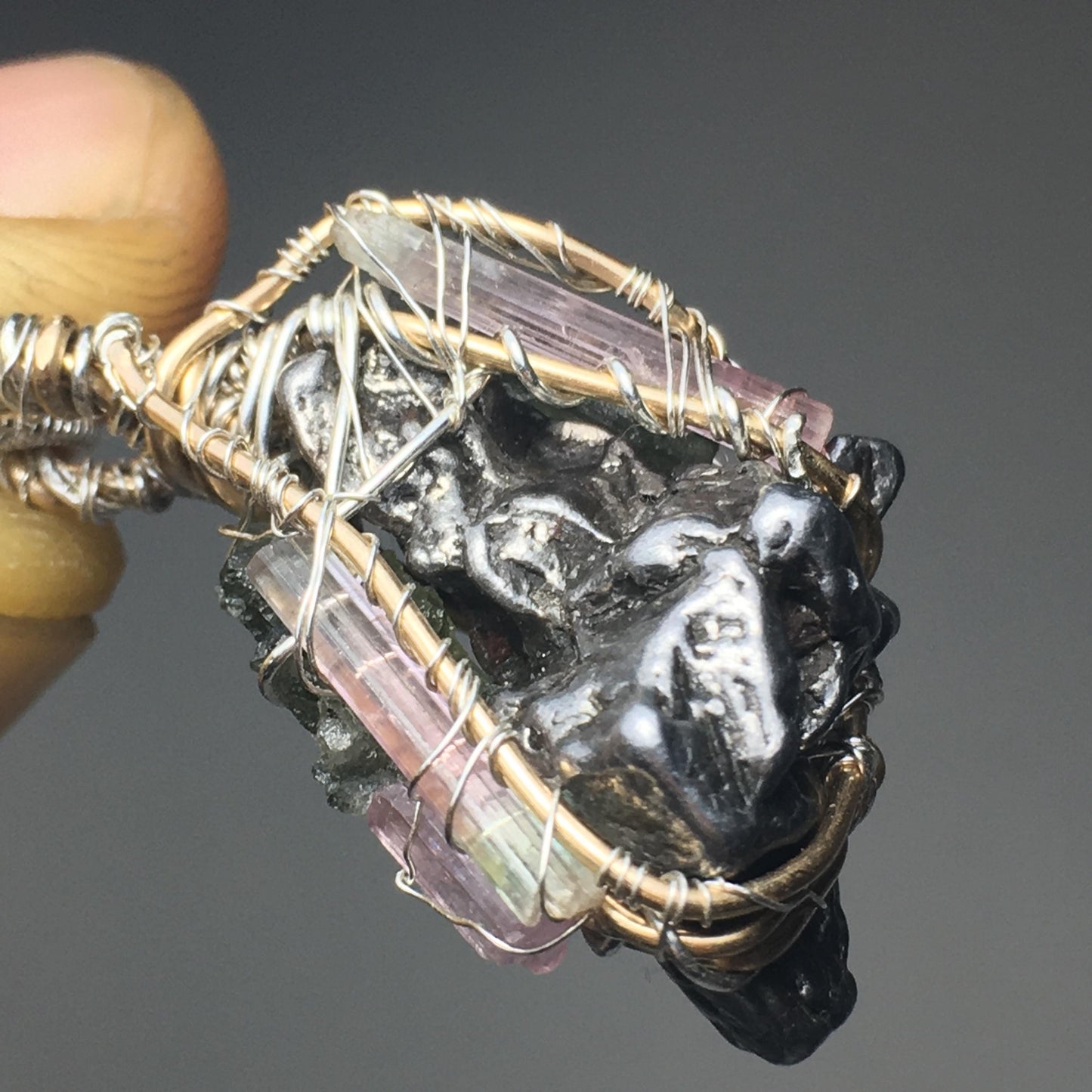 Pendant- "The Cosmic Shaman" - 2 Moldavites - 1 Campo Del Cielo Meteorite and 4 Rubellite Pink Tourmalines-  7-Stone Pendant
