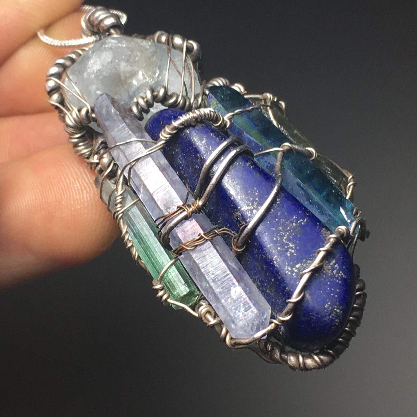 The Astral Traveler- 10-Stone Pendant on Sterling Silver- Lapis, Celestite, Aqua/Angel-Aura, Tourmaline, Herkimer, Kyanite, Lemurian..