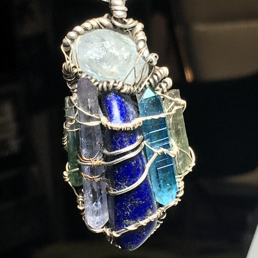 The Astral Traveler- 10-Stone Pendant on Sterling Silver- Lapis, Celestite, Aqua/Angel-Aura, Tourmaline, Herkimer, Kyanite, Lemurian..