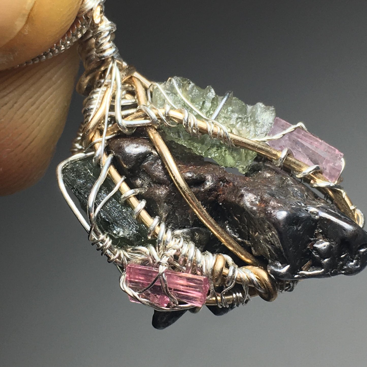 Pendant- "The Cosmic Shaman" - 2 Moldavites - 1 Campo Del Cielo Meteorite and 4 Rubellite Pink Tourmalines-  7-Stone Pendant