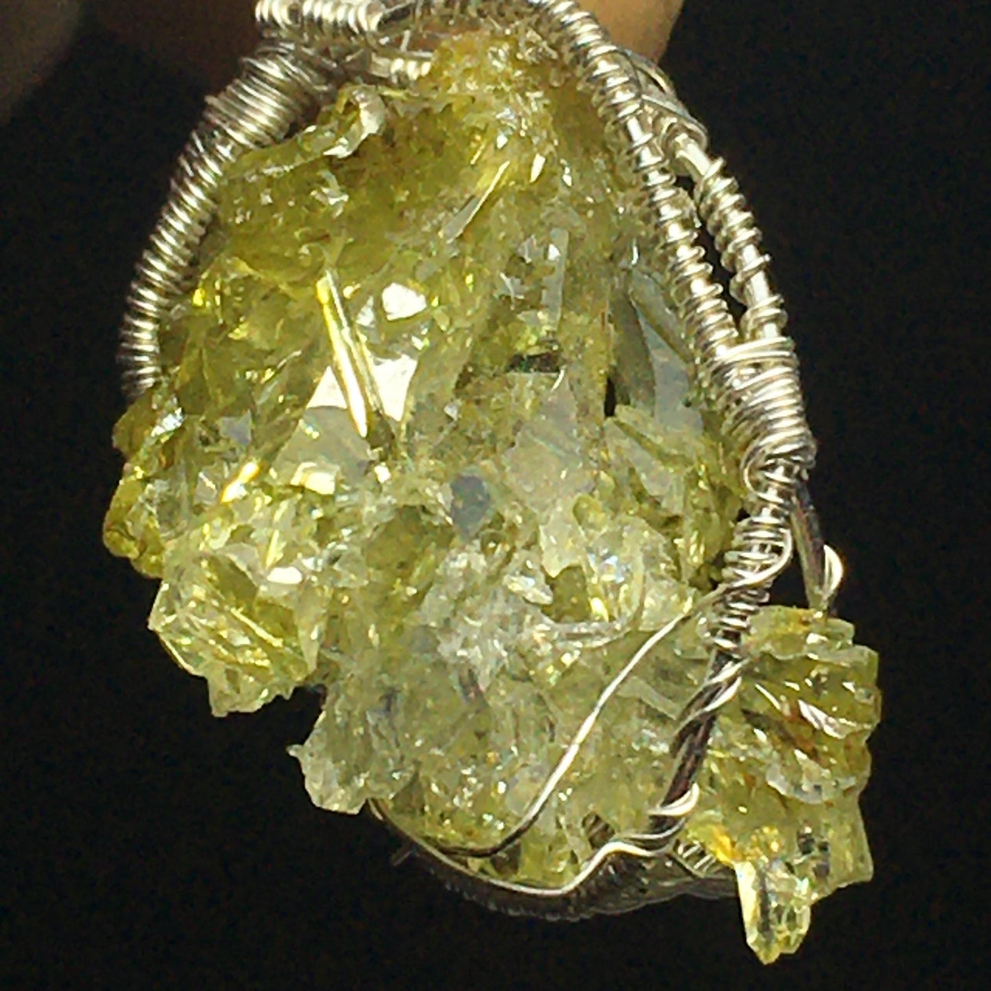 Green Zincite Crystal and Silver Pendant with Chain UV Reactive
