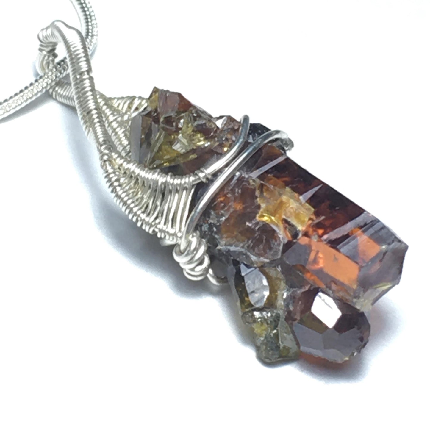 Multicolor Zincite Crystal and 925 Silver Wire-Wrap Pendant with Chain