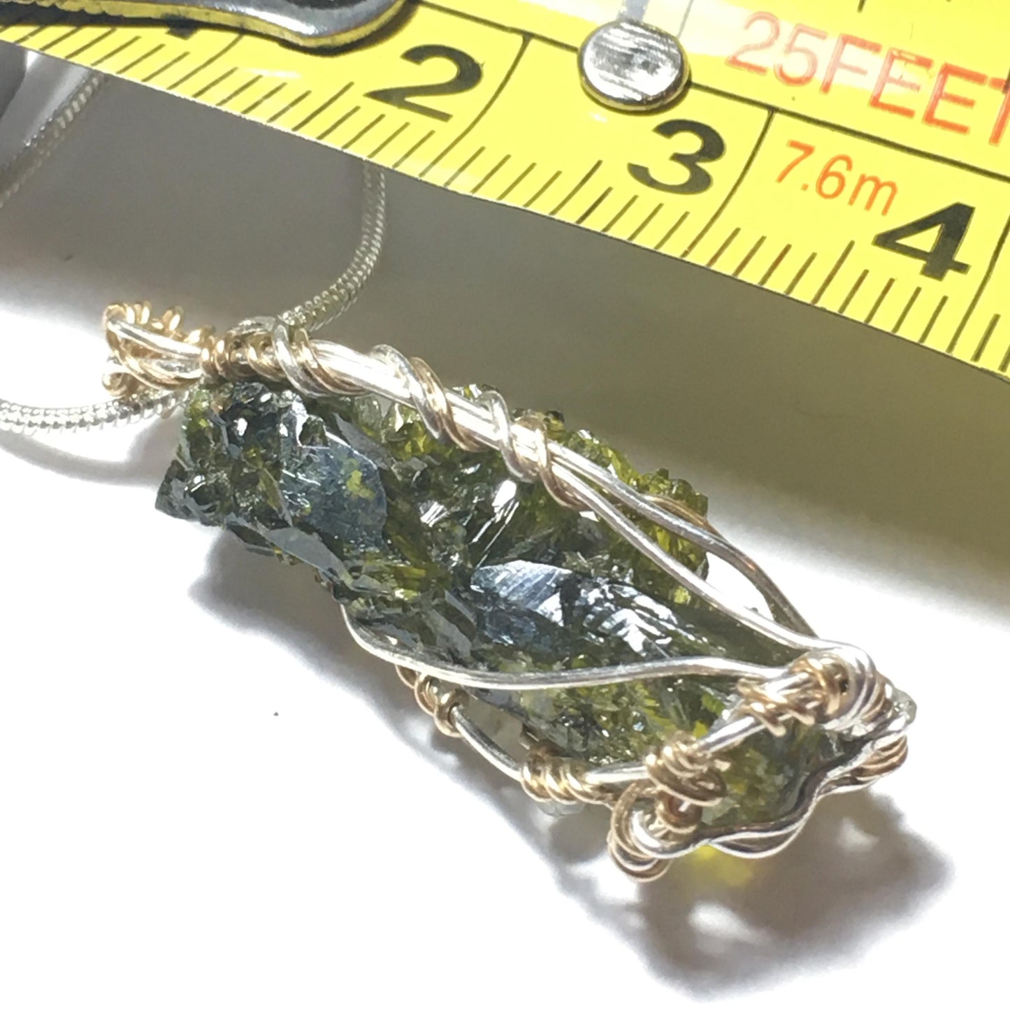 Zincite and Prehnite 925 Silver Wire-Wrap Pendant with Chain