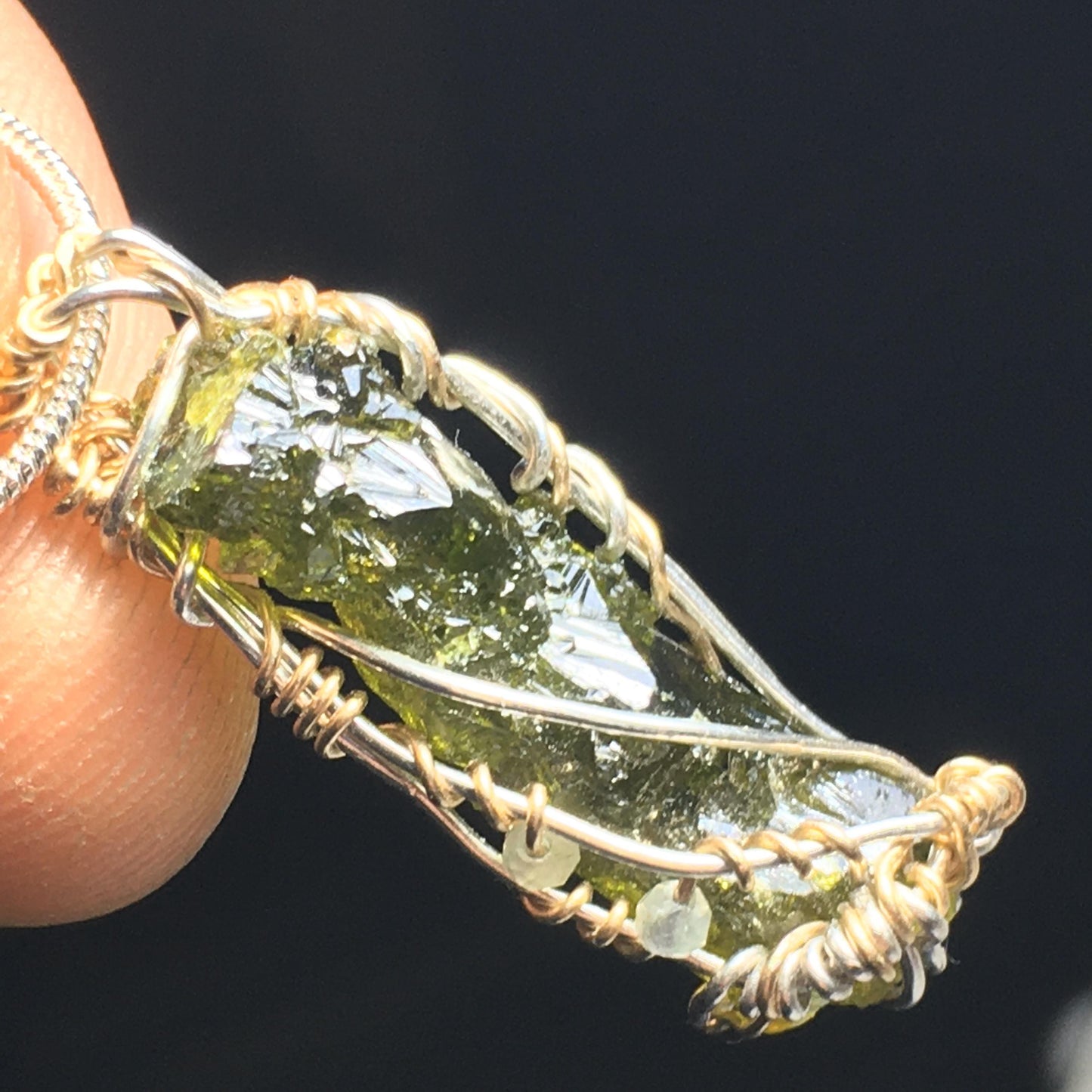 Zincite and Prehnite 925 Silver Wire-Wrap Pendant with Chain