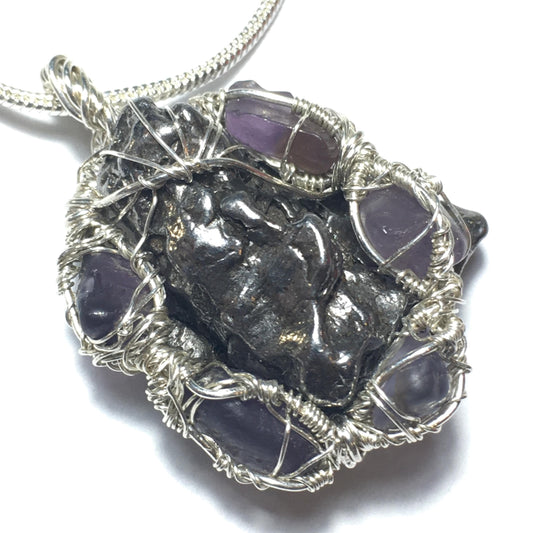 Iron Campo Del Cielo Meteorite and Purple Spinel Pendant on Silver