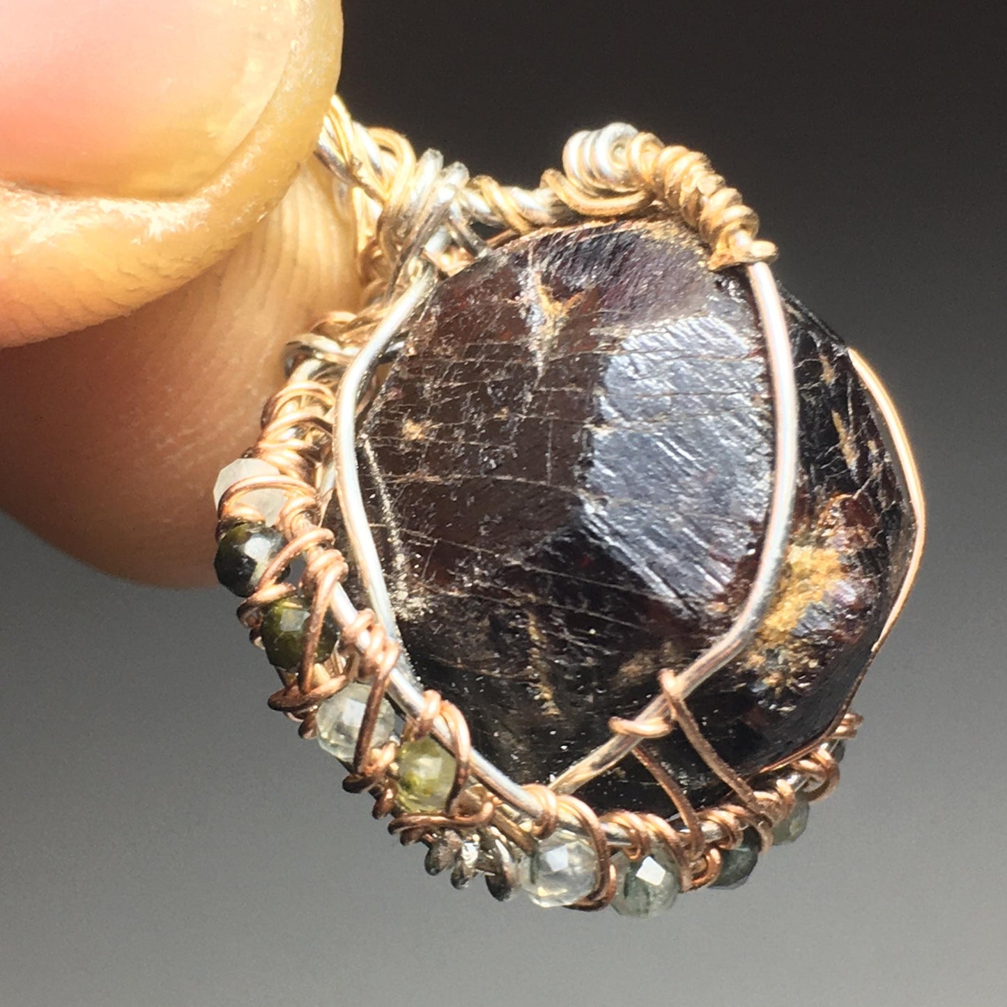 Garnet and Prehnite Rose Gold and Silver Pendant