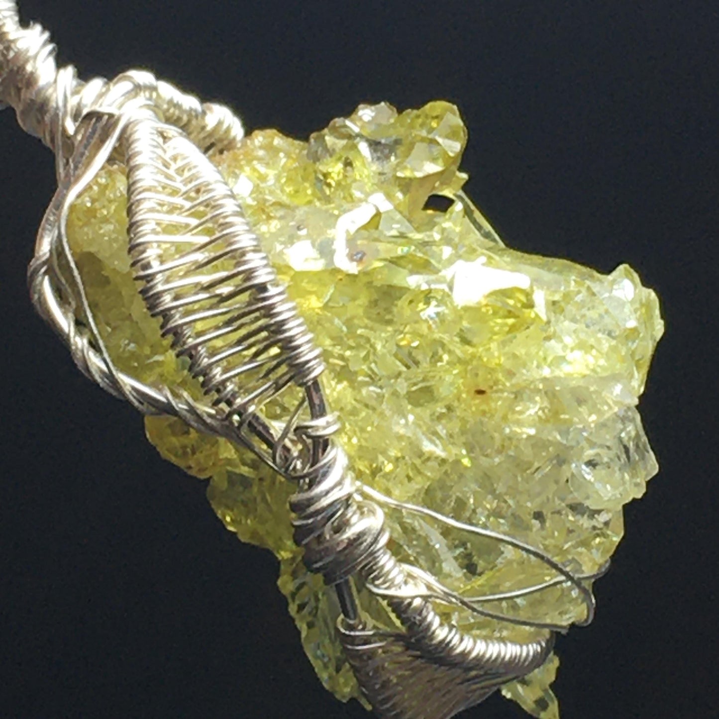 Green Zincite Crystal and Silver Pendant with Chain UV Reactive