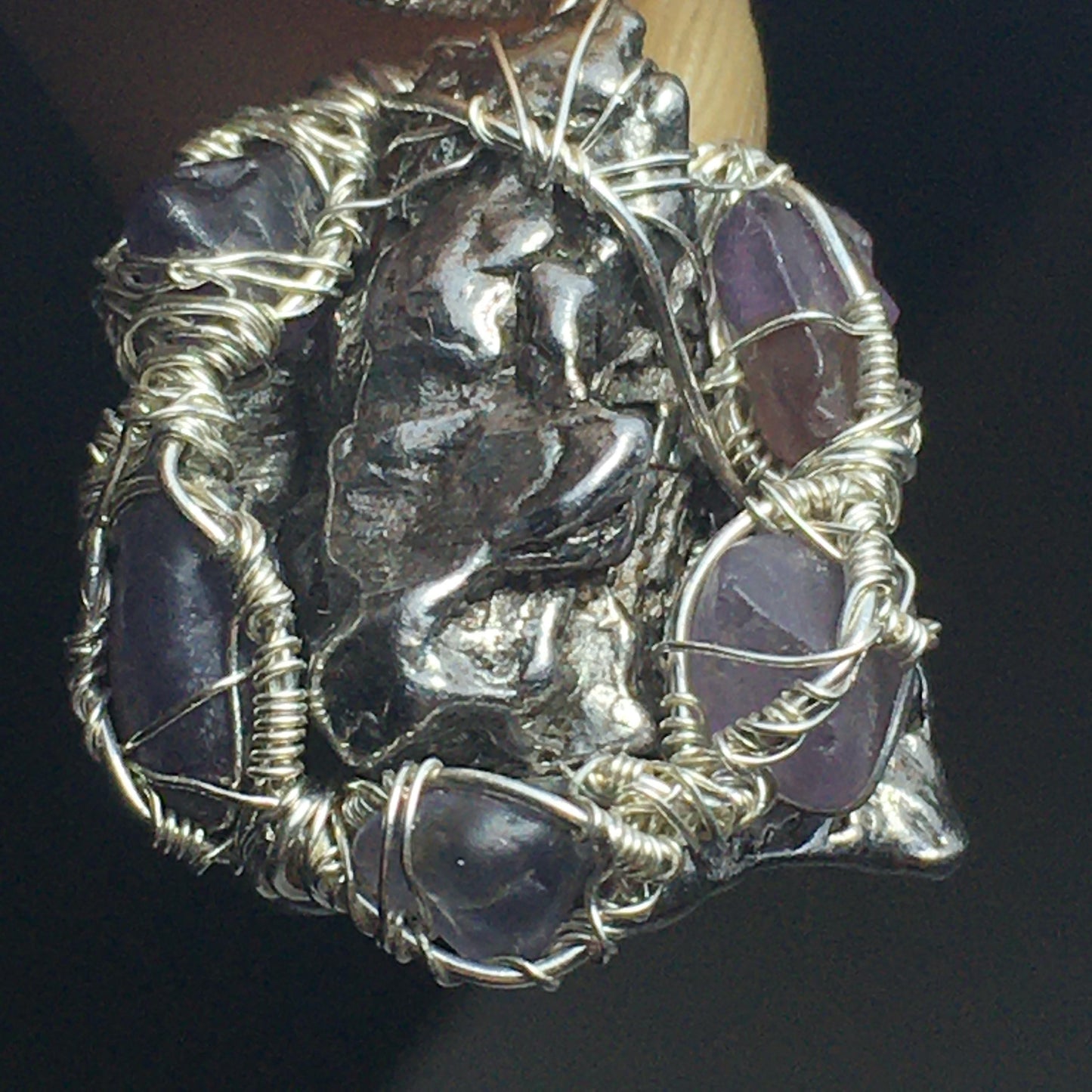 Iron Campo Del Cielo Meteorite and Purple Spinel Pendant on Silver