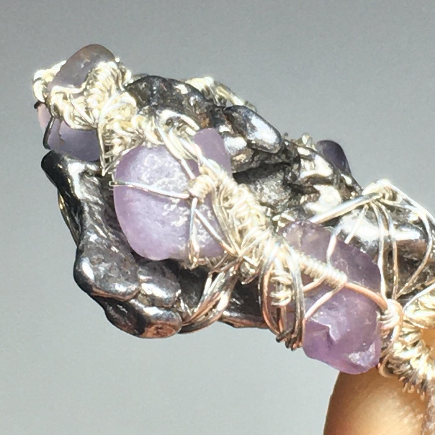 Iron Campo Del Cielo Meteorite and Purple Spinel Pendant on Silver