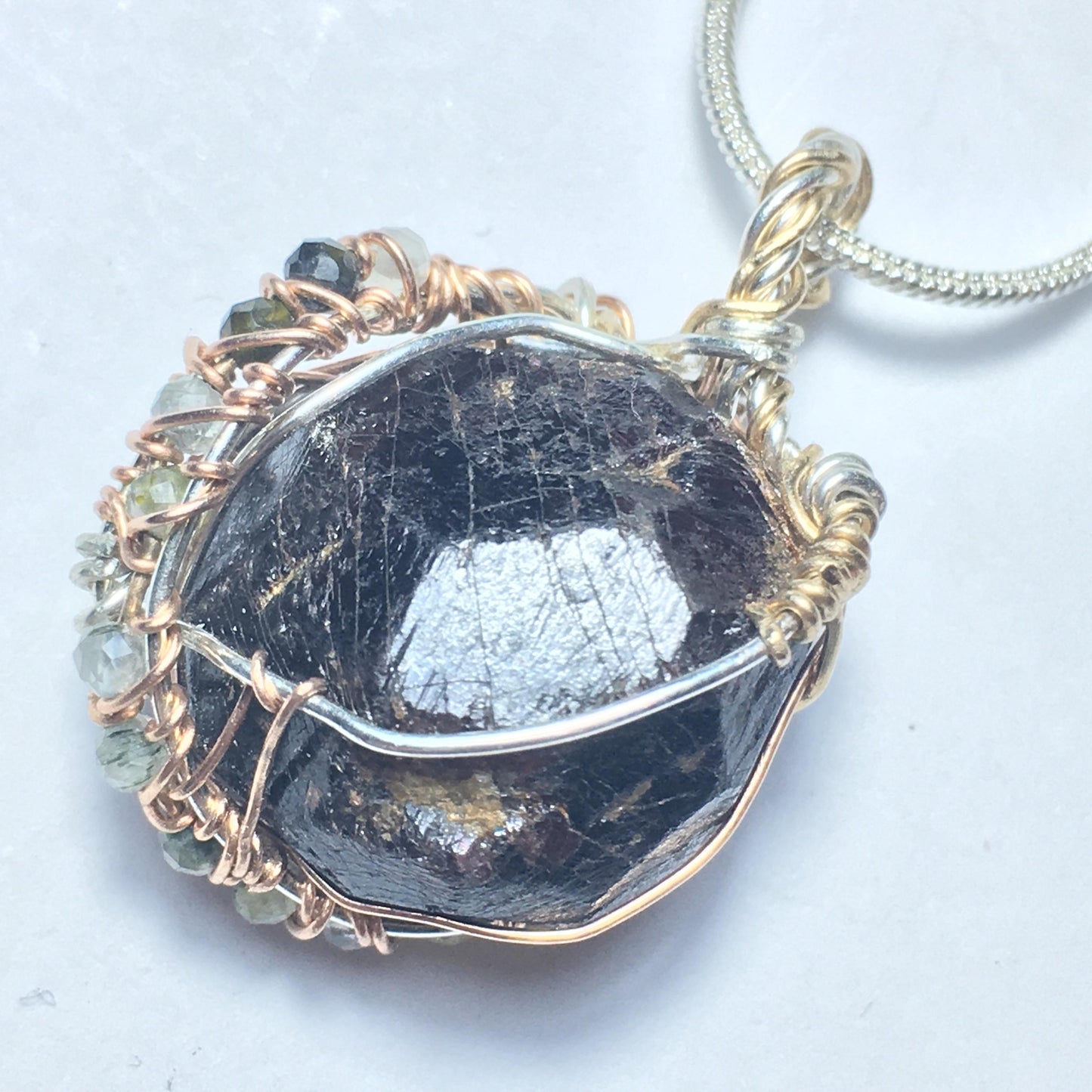 Garnet and Prehnite Rose Gold and Silver Pendant