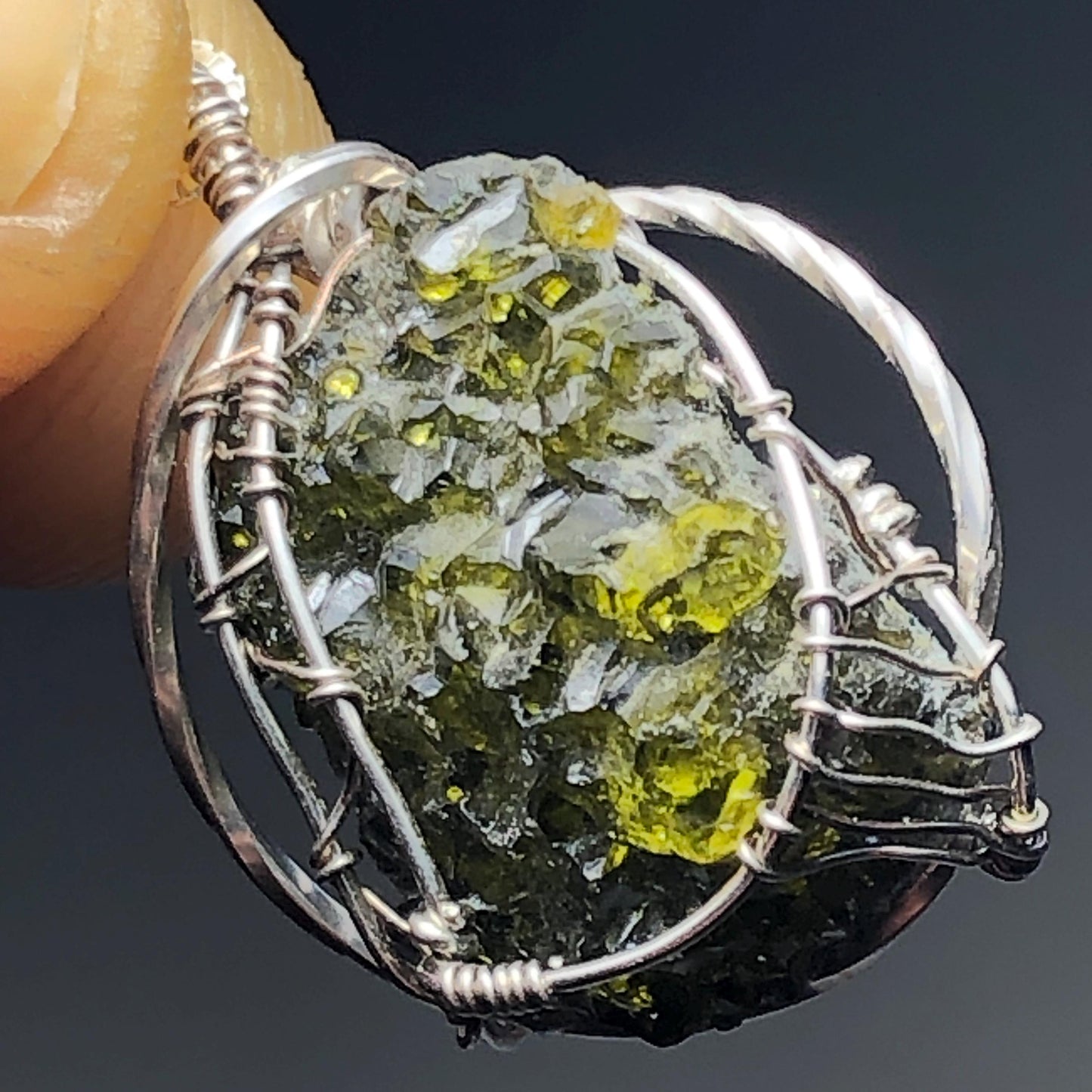 Green and Blue Zincite and Silver Pendant with chain (Chamunda Mantra Infused)