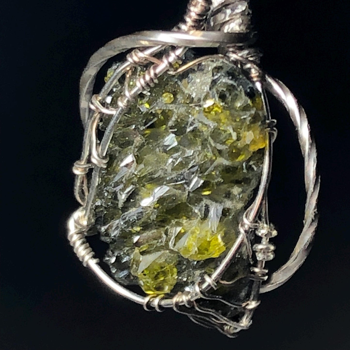 Green and Blue Zincite and Silver Pendant with chain (Chamunda Mantra Infused)