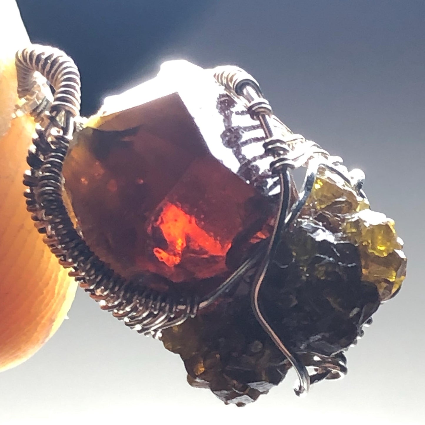 RED - AMBER  ZINCITE and Silver Wire-Wrap Pendant with chain